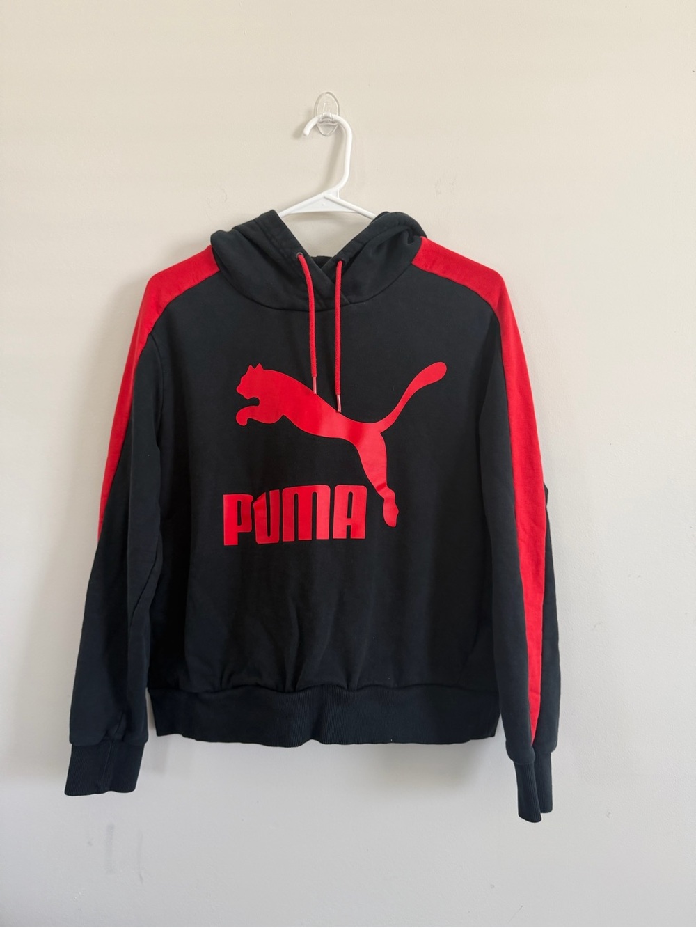 Puma Black Crewneck Hoodie with Red Logo & Sleeve Stripes